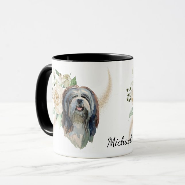 Caneca Buquê de Rosa Branco Lhasa Apso Cão (Frente Esquerda)