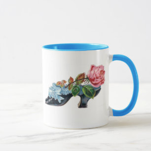 Caneca Buquê de Sapato Floral Vintage Azul Rosa