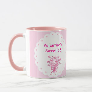 Caneca Buquê Floral de Quince Anos   Rosa e Branco 