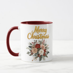 Caneca Buquê Floral Dourado Feliz Natal