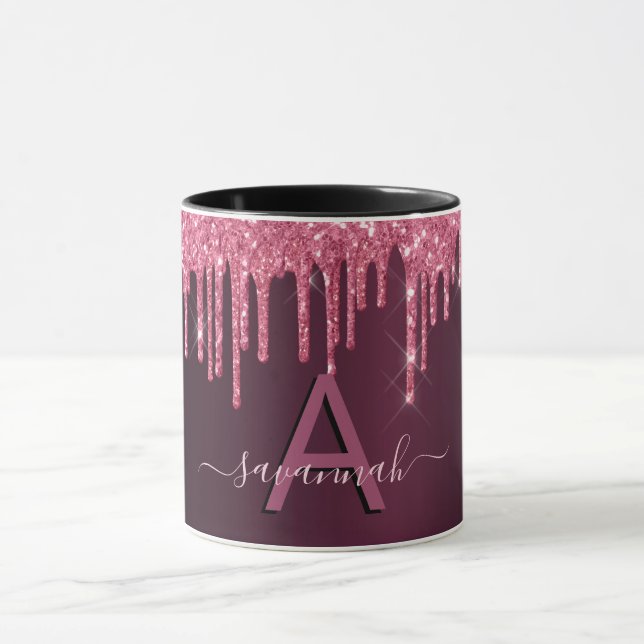 Caneca Burgundy glitter goteja script monograma (Centro)
