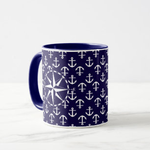 Caneca Bússola Náutica Elegante e Padrão de Âncora Azul
