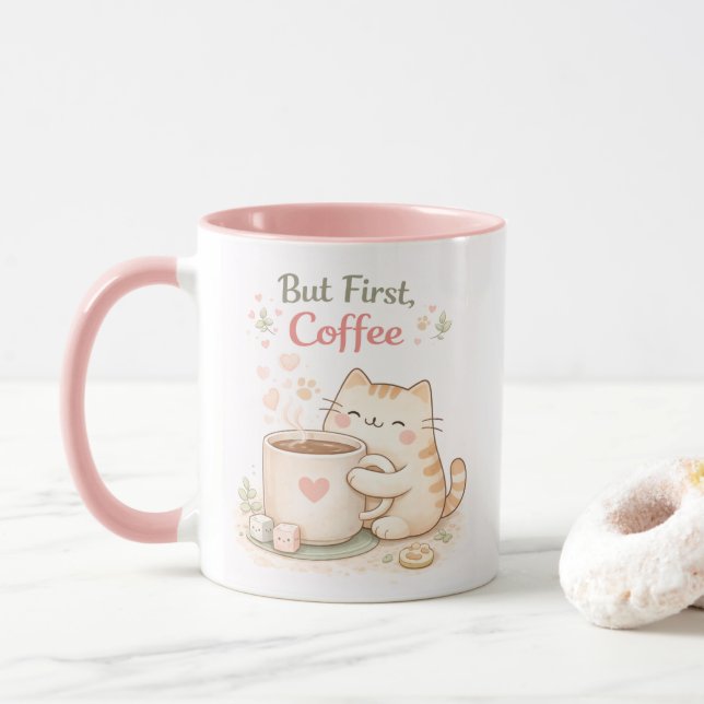 Caneca But First Coffee Kawaii Cute Cat Sweet Pink (Com Donut)