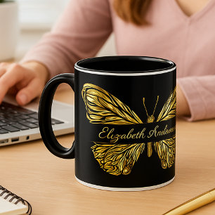 Caneca Butterfly black gold elegant name script