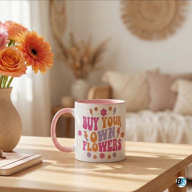 Caneca Buy Your Own Flowers Retro 70s Groovy Empowerment (Anti Valetine Lovers)