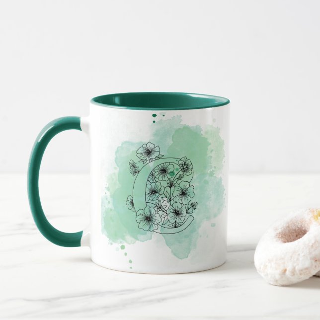 Caneca C Monograma com Aquarela Inicial Botânica Verde (Com Donut)
