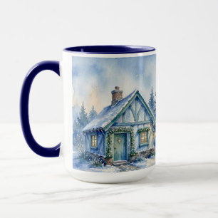Caneca Cabana de Inverno em Aquarela Azul Verde Natal 