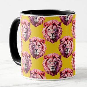 Caneca Cabeça de Leão Rosa Padrão de Animal Design Amarel