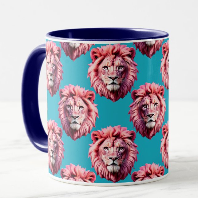 Caneca Cabeça de Leão Rosa Padrão de Design Azul  (Criador carregado)