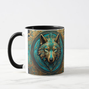 Caneca Cabeça de Lobo Dourada e Turquesa