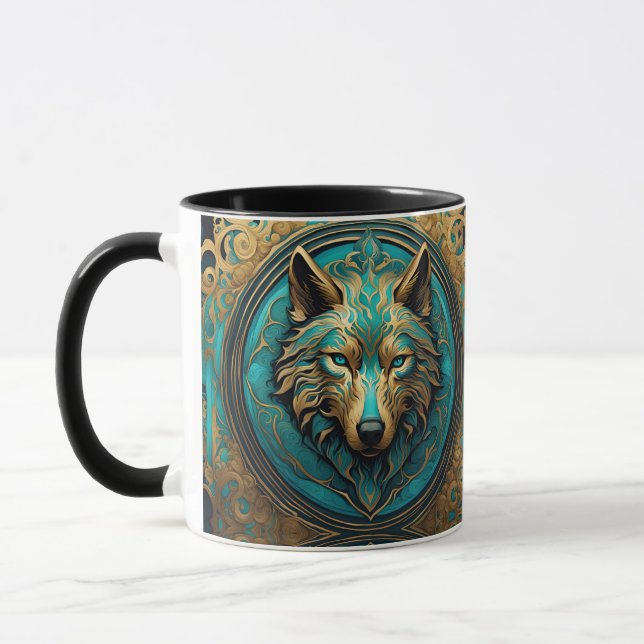 Caneca Cabeça de Lobo Dourada e Turquesa (Esquerda)