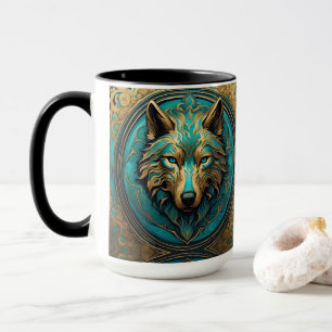 Caneca Cabeça de Lobo Dourada e Turquesa