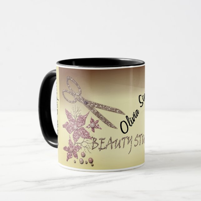 Caneca Cabeleireiro Lantejoulas Tesoura Brilhante Flores  (Frente Esquerda)