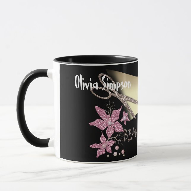 Caneca Cabeleireiro Lantejoulas Tesoura Brilhante Flores  (Esquerda)