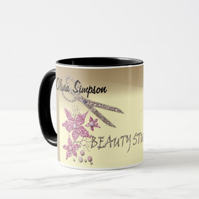 Caneca Cabeleireiro Lantejoulas Tesoura Brilhante Flores  (Frente Esquerda)