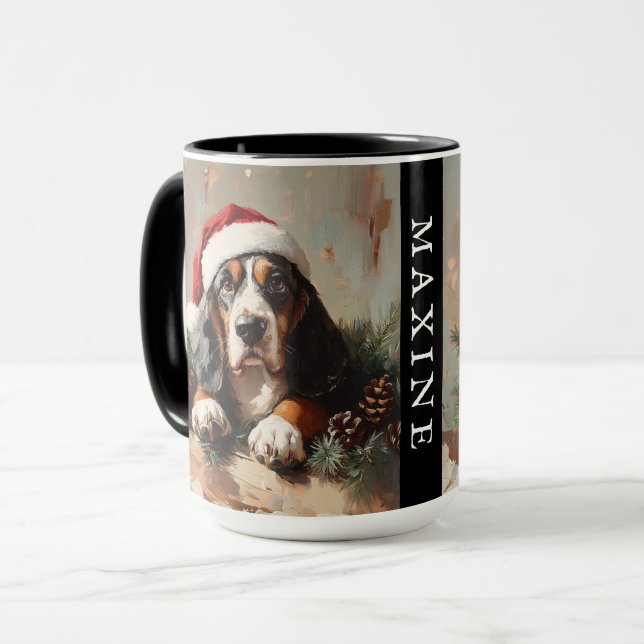 Caneca Caça personalizada no basset em um Chapéu Santa (Frente Esquerda)