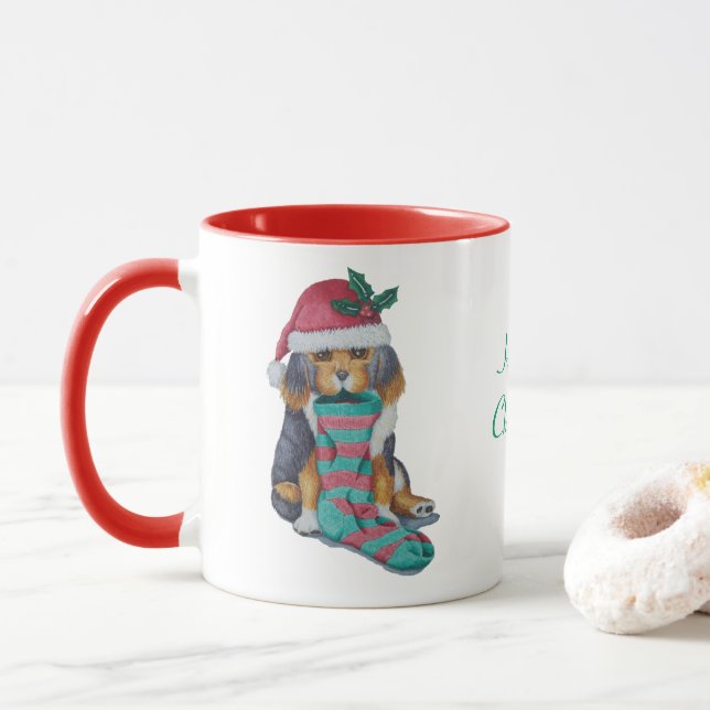 Caneca cachorrinho preto e marrom bonitinho vestido de na (Com Donut)