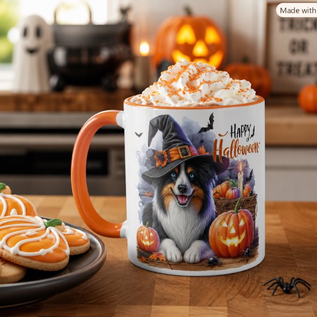 Caneca Cachorro Border Collie Bruxa de Halloween (Criador carregado)