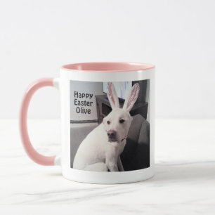 Caneca Cachorro Branco Bonito Vestindo Coelhinho Rosa Pê