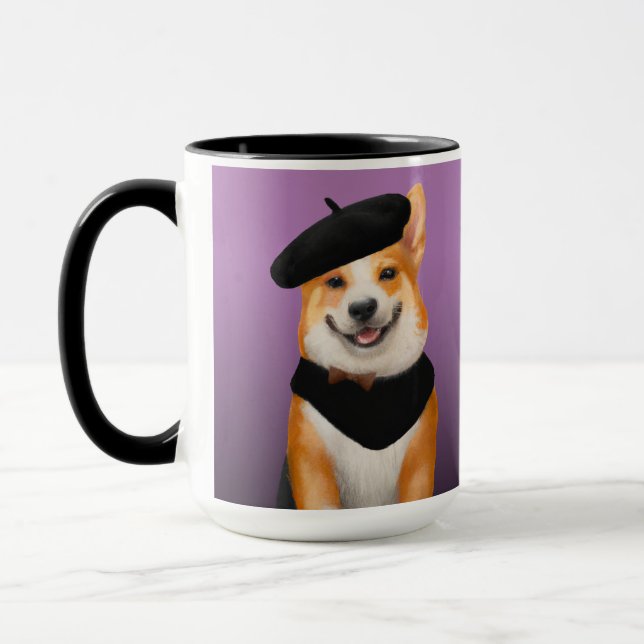 Caneca Cachorro Chic Corgi Vestindo Beret & Bandanna (Esquerda)
