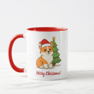 Caneca Cachorro Corgi Fofo com um Chapéu Vermelho com Árv
