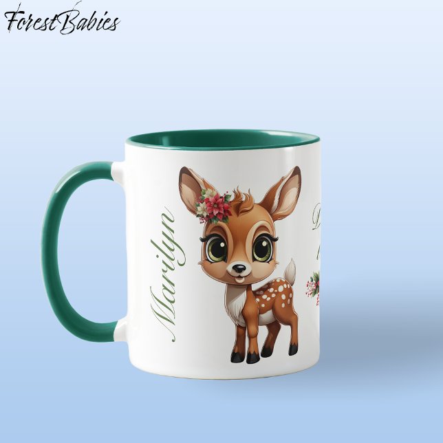 Caneca Cachorro, Fawn, Doe 🦌 🎄 Adormecido (Cute Baby Deer, Floral Fawn, Doe Lover 🦌 Poinsettia Flowers Green Deer-ly Loved ForestBabies  Mug)