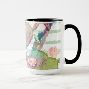 Caneca Cacto de aquarelas, design de listras e flores