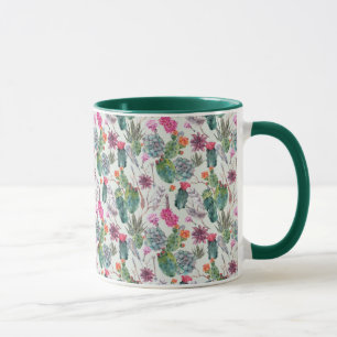 Caneca Cactus Exotic Boho Watercolor e Padrão Suculento