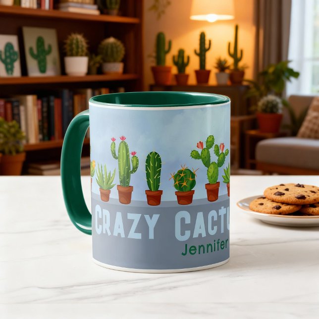 Caneca Cactus Lady Mug louca com nome personalizado (Crazy cactus lady coffee mug. Fun personalized gift for a cactus lover and collector.)