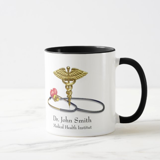 Caneca Caduceu de Ouro Médico & Estetoscópio com Coração (Direita)