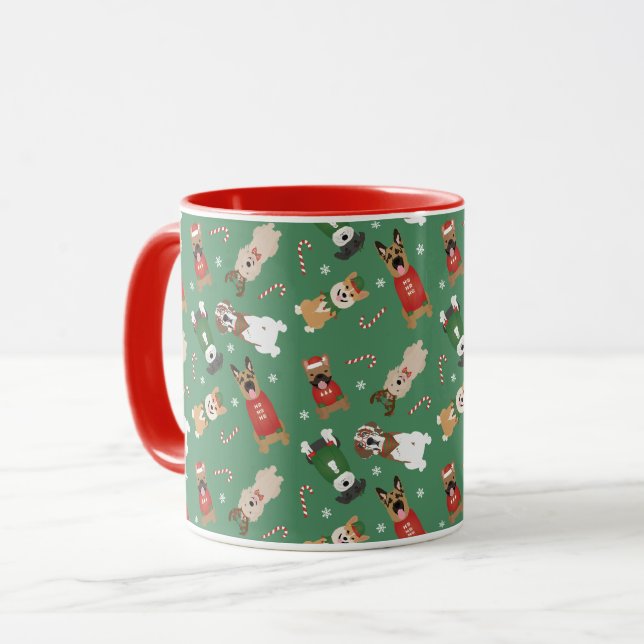 Caneca Cães de Natal Padrão Vermelho Verde (Frente Esquerda)