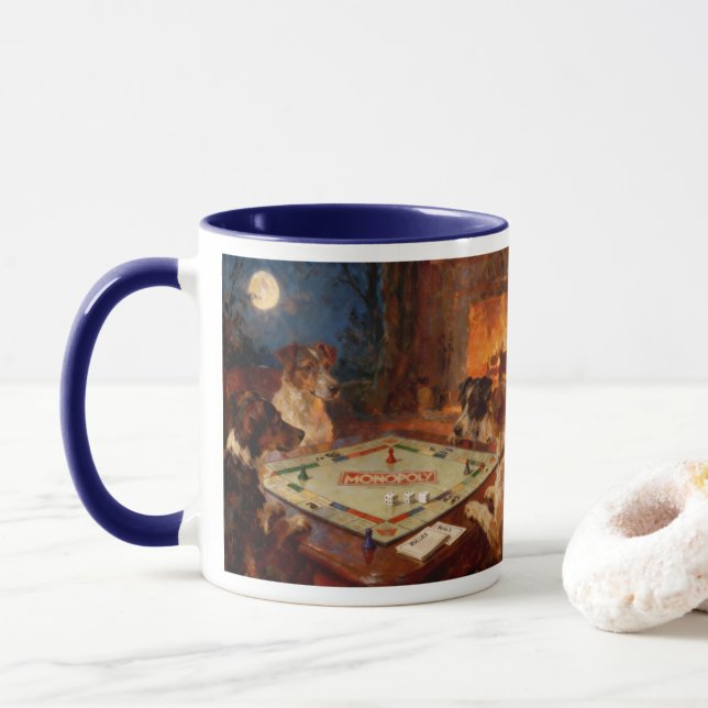 Caneca Cães Engraçados e Fofos Jogando um Jogo de Tabulei (Com Donut)