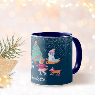 Caneca Cães Invernos Ice Skating Dark Blue Christmas