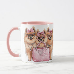 Caneca Cães Pomeranianos Fashionáveis, Bolsa Rosa