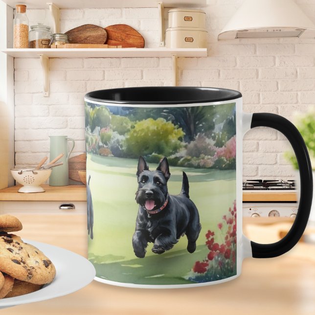 Caneca Cães Terrier Escoceses Aquarela Scotties (A mug with picture of Scottish Terrier dogs playing in a garden in summer, in a watercolor style)