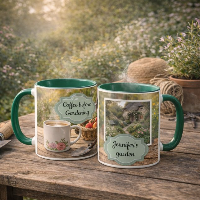 Caneca Café antes da foto da manhã no jardim (Create your own personal  Coffee before gardening, morning in the garden photo mug. )