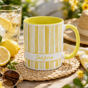 Caneca Café com Nome Personalizado Listras Amarelas Fofo
