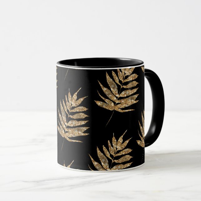 Caneca Café com Padrão de Folha de Fern Preto e Dourado (Frente Esquerda)