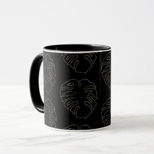 Caneca Café com padrão de folha de Monstera preta e doura