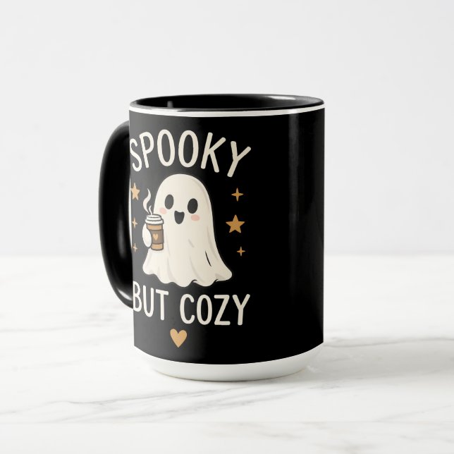 Caneca Café com padrão de Halloween de Fantasma Assustado (Frente Esquerda)