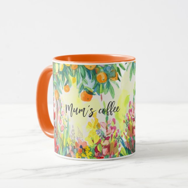 Caneca Café de mãe, FLOWERS e laranjas (Frente Esquerda)