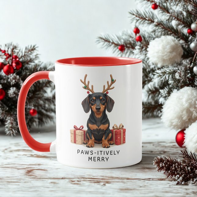 Caneca Café de Natal Dachshund Doxie, Feliz pawsitivament (Criador carregado)