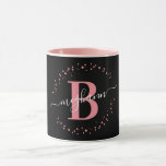 Caneca Café de Script do Monograma de Nome Preto Rosa Gir<br><div class="desc">Menina, elegante, de moda, moderna, rosa e preta, monograma branco, original de script personalizado monograma caneca personalizada. Apresentando uma inicial de monograma e um script de nome feminino em uma letra maiúscula caligráfica com letra maiúscula e um círculo pontilhado ao redor do seu monograma. Presente feminino perfeito para meninas, irmãs,...</div>