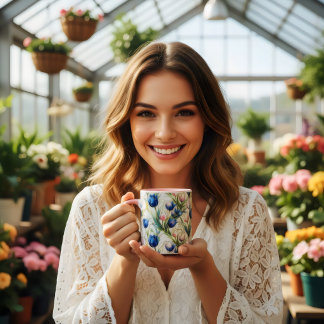 Caneca café floral de rosas azuis em estilo de vitral