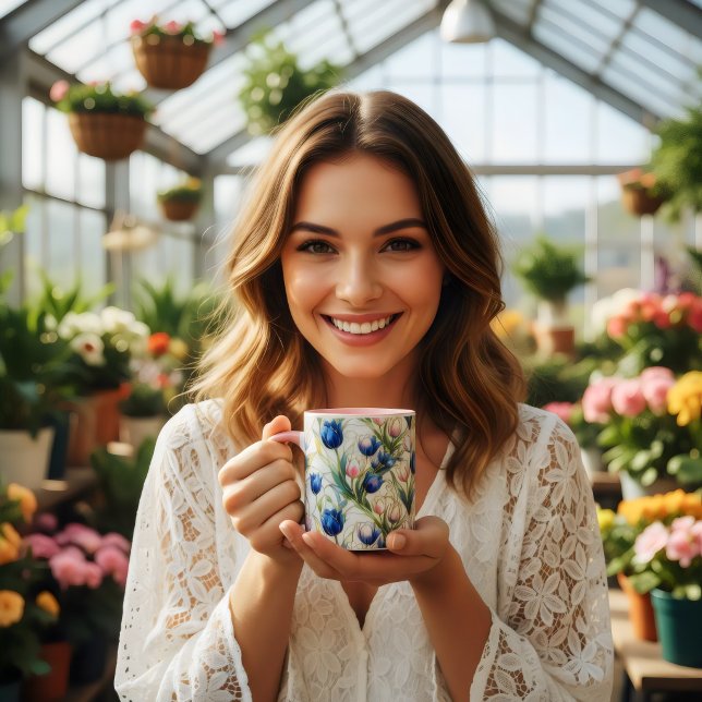 Caneca café floral de rosas azuis em estilo de vitral  (Criador carregado)