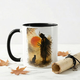 Caneca Café Guerreiro Samurai Japonês & Gato Preto