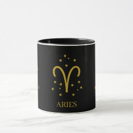 Caneca Café Simples Preto e Dourado Áries Zodíaco