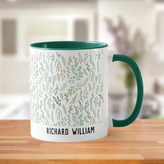 Caneca Café Verde Mínimo de Flor Selvagem Elegante de Nat (Criador carregado)