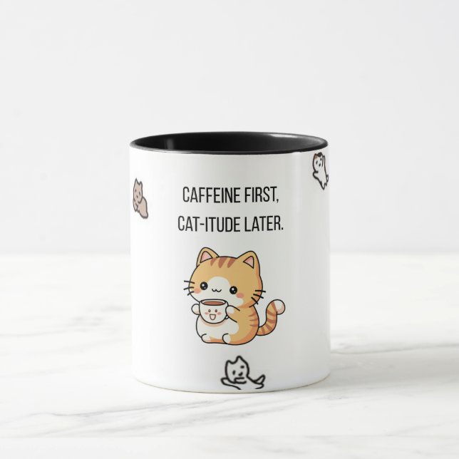 Caneca Caffeine First, Cat-itude Later | Funny Cat Coffee (Centro)