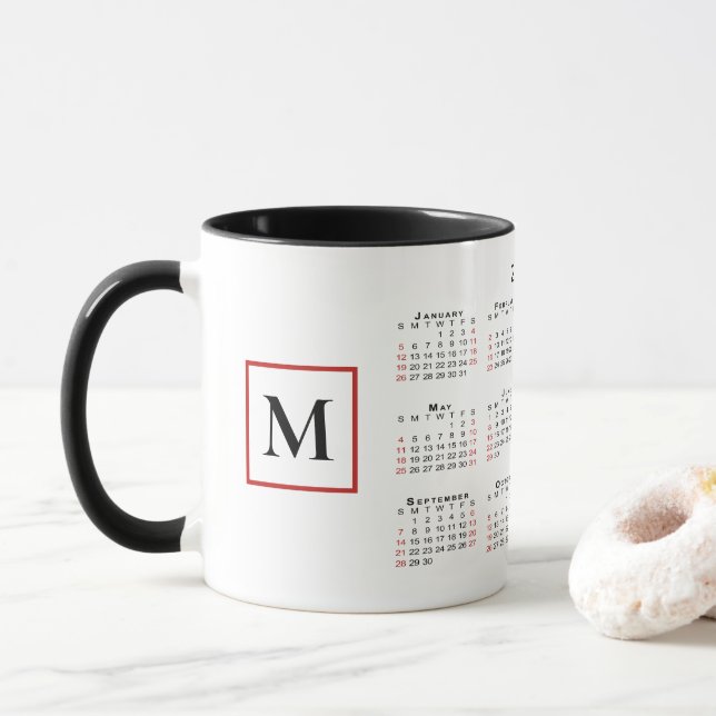 Caneca Calendário do Monograma 2025 Preto Vermelho Branco (Com Donut)